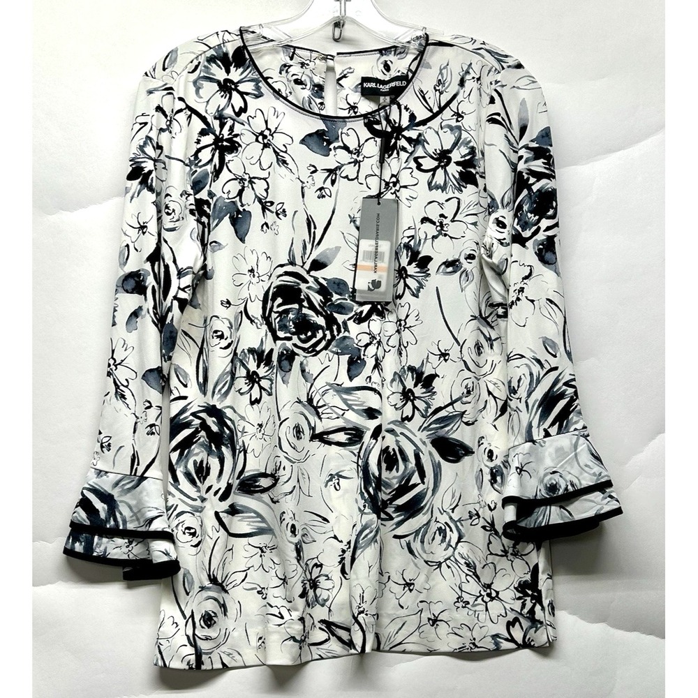 Karl Lagerfeld Paris Women's Small White/Black Floral Polyester Blend Blouse Top